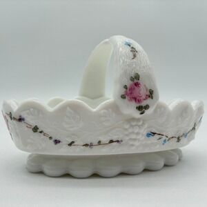 Vintage Westmoreland Roses & Bows Milk Glass Basket Grape Embossed Footed Handle